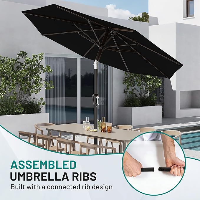 AreShark 10 FT Outdoor Patio Umbrella, Patio Table Umbrella with Push Button Tilt and Crank, Outdoor Patio Umbrellas with 8 Fiberglass Ribs, Patio Umbrellas for Market, Garden, Pool (Black)