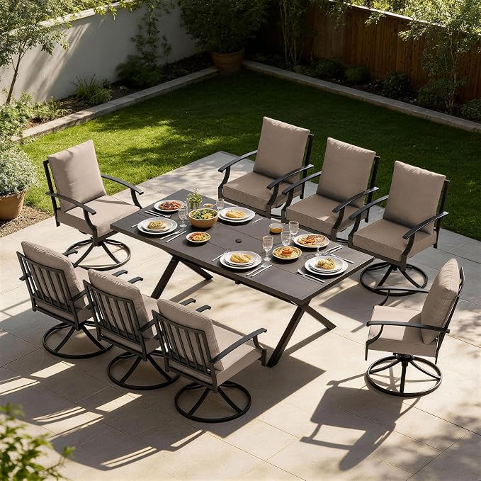 9 PCS Outdoor Patio Dining Set,Patio Table and Chairs Metal Outdoor Patio Furniture Set with Umbrella Hole,Dining Table Set with 8 Swivel Chairs for Deck,Backyard and Garden,Brown