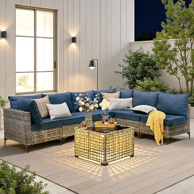 7 Pieces Patio Furniture Set with Solar Light Coffee Table, All-Weather Rattan Outdoor Sectional Conversation Sets L Shaped Sofas with Thick Cushions for Porch Balcony Backyard Denim Blue
