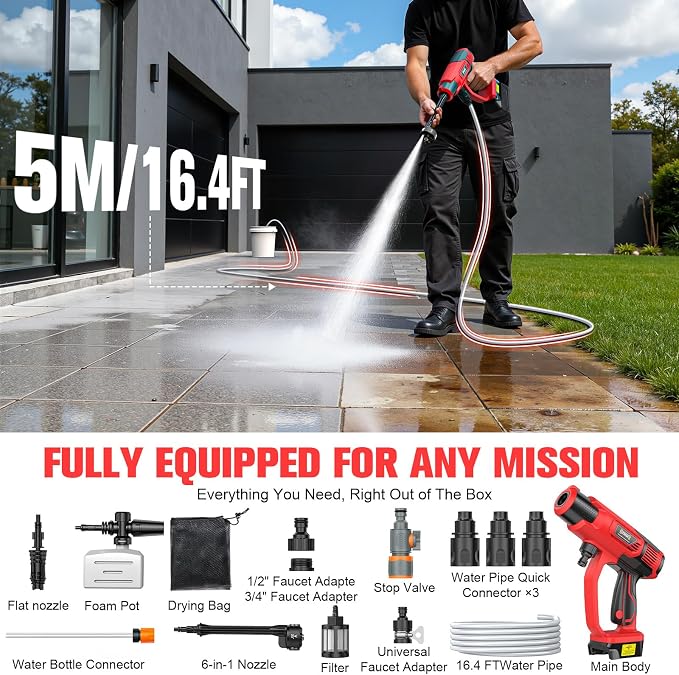 DIYtoolifz Cleaning Tool Compatible with Milwaukee 18V Battery, 2.2LBS, with 16.4ft Hose & 6-in-1 Nozzle + Attachment for Car, Patio, Fence (Battery not Included, Tool Only)