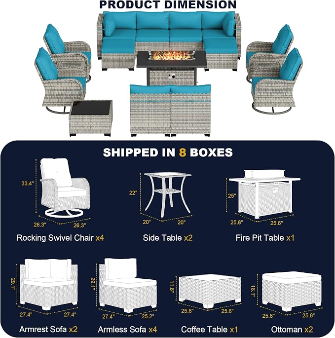 16-Piece Outdoor Patio Furniture Set with Rocking Swivel Chair, Wicker Rattan Sectional Sofa Conversation Set with 55,000 BTU Fire Pit Table with Ottomans, Backyard Furniture, Turquoise