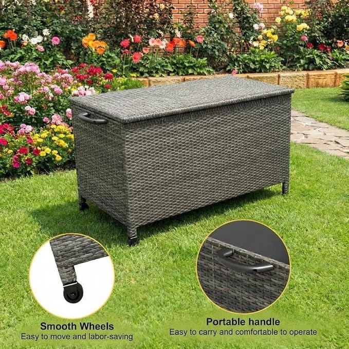 GarveeLife Outdoor Wicker Storage Box, PE Rattan Patio Storage Chest with Steel Frame, Weather-Resistant Deck Storage Box for Cushions, Garden Tools & Pool Accessories – Brown Wicker