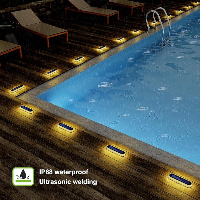 DetarZinLED Solar Step Lights Outdoor Waterproof LED, 4 Pack Warm White Flat Solar Powered Deck Lights for Outside, Stick on Light Bar for Stair, Dock, Patio, Garden, Path, Walkway, Driveway, Porch