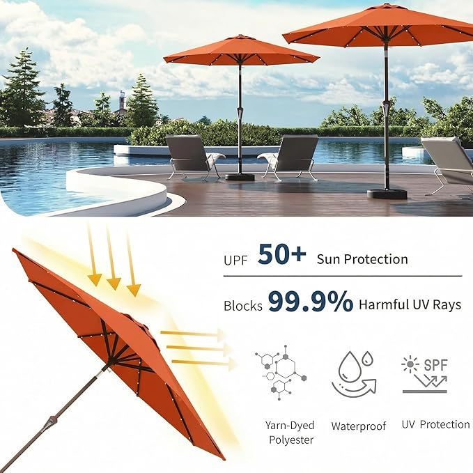 9FT Solar Umbrella 32 LED Lighted Patio Umbrella Table Market Umbrella w/Tilt and Crank, UV-Resistant Outdoor Umbrella for Pool, Garden, Deck, Terracotta