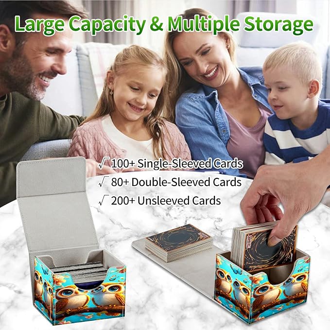 Card Deck Box for MTG, Cards Storage Box Fits 120+ Sleeved, Leather Small Size Strong Magnetic Closing Card Case for Board Games Magic TCG CCG Baseball Collection, Owl Blue