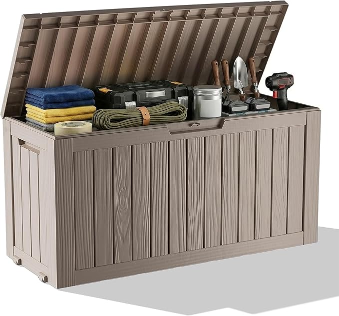 90 Gallon Outdoor Waterproof Storage Deck Box Lockable Outside Resin Bench UV Resistant Bin Patio Porch Pool Float Garden Furniture Cushion Tool Grey