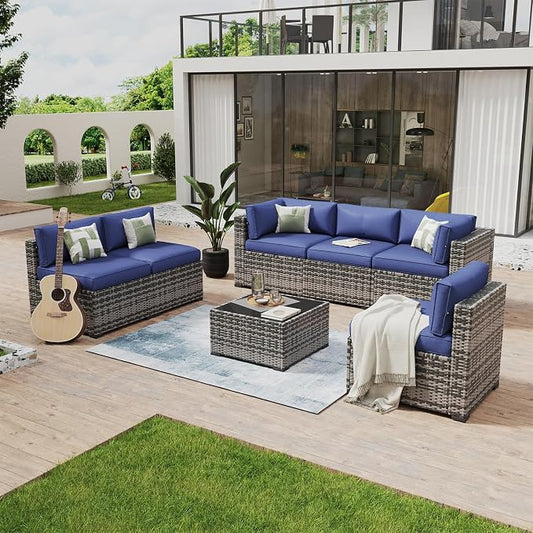 Aoxun 7 Piece Patio Furniture Set Wicker Rattan Patio Conversation Set Outdoor Sectional Sofa Set with Coffee Table and Thickened Cushions, Gray/Blue