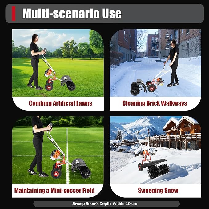 2.5HP 52CC Gas Power Handheld Sweeper, Driveway Turf Snow Broom Brush Cleaner Artificial Grass Walk Behind Turf Brush Electric Lawn Power Outdoor Road Street High Performance Cleaner