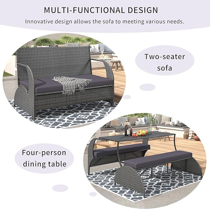 Merax Outdoor Rattan Loveseat, Patio Conversation Sets, Convertible to Four Seats with Table Sofa for Backyard, Garden and Lawn, Gray