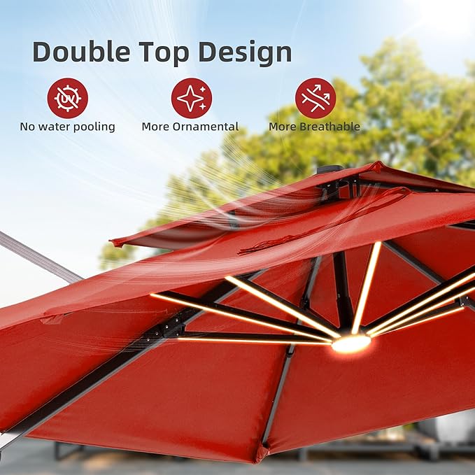 9x12 FT Patio Umbrella with LED Lights Cantilever Outdoor Large Heavy Duty Rectangle Aluminum Offset Umbrellas Double Top 360 Rotation 7 Tilt Adjustment for Pool Deck Garden, Red
