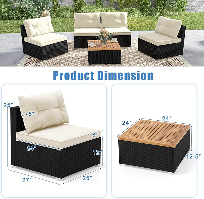 DORTALA 5 Piece Wicker Patio Furniture Set, PE Rattan Outdoor Sectional Conversation Set with Acacia Wood Coffee Table, 4 Chairs for Deck, Backyard, Poolside, Off White
