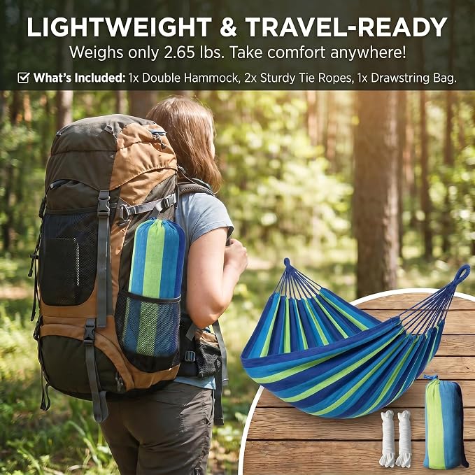 Canvas Hammock 122" Long X 59" Wide 2 Person Hammock 440 pounds Maximum Weight Applicable Scenes in Courtyard Autumn, Indoor Hanging Chairs, Beach Leisure (Blue Green, Full)