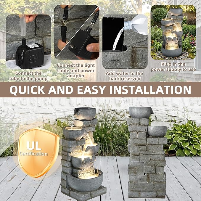 33" Tall Outdoor Water Fountain, 5 Tier Cascading Bowls and Stacked Stone Wall Waterfall Fountain with Warm LED Lights, Resin Garden Water Feature for Patio, Backyard, Porch and Home Art Décor