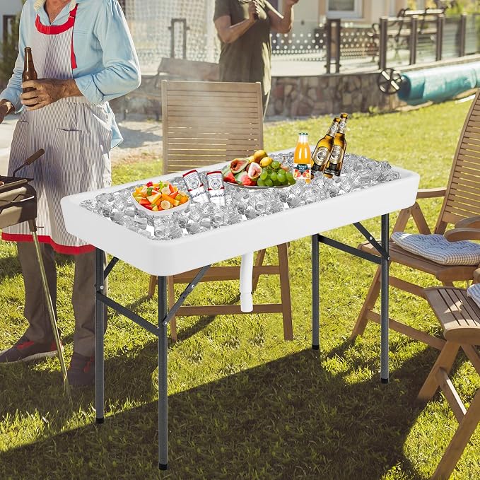 4FT Ice Cooler Table, Outdoor Deep Ice Table w/Matching Skirt, Powder Coated Metal Legs, Patio Ice Tables for Parties with Drain, Party Ice Bin Table for Wedding, Tailgating, Camping & Picnic