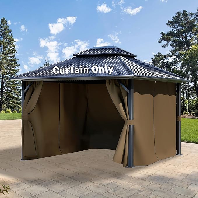 Aoodor 10x12 ft Outdoor Gazebo Curtains, 4 Panels Waterproof Privacy Sidewall Replacement with Zipper for Patio Pergola and Canopy, Brown