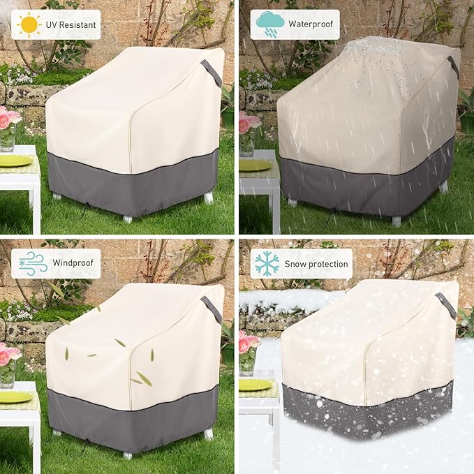 Waterproof Patio Furniture Chair Covers 2-Pack, Heavy Duty 600D Oxford Outdoor Protector for Deep Seat Chairs, UV & Wind Resistant All-Season Protection, 33"W x 34"D x 31"H (Beige/Grey)