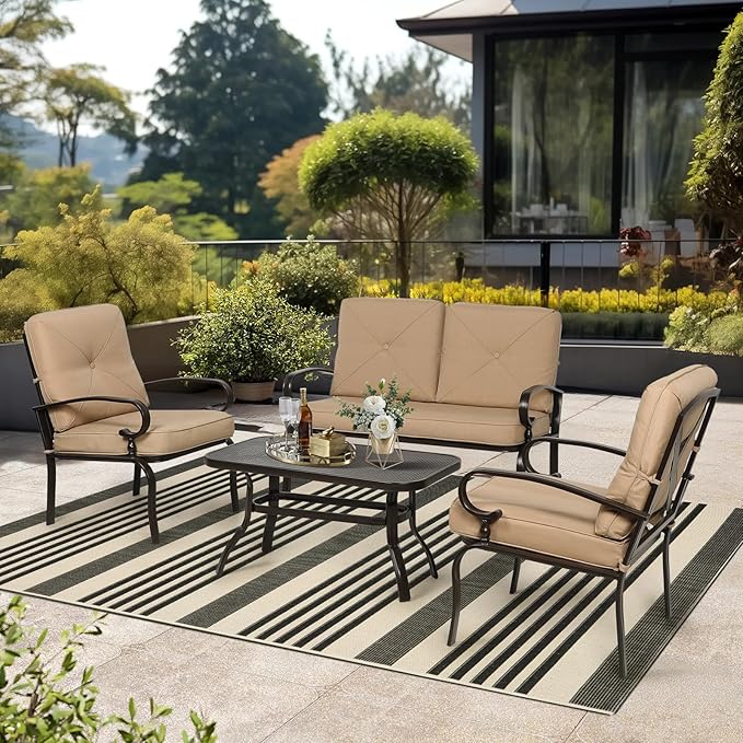 Oakcloud 4Pcs Metal Outdoor Furniture Patio Conversation Set (Loveseat and Coffee Table, 2 Dining Chair) -Wrought Iron Patio Chair Set with Cushions (Brown)