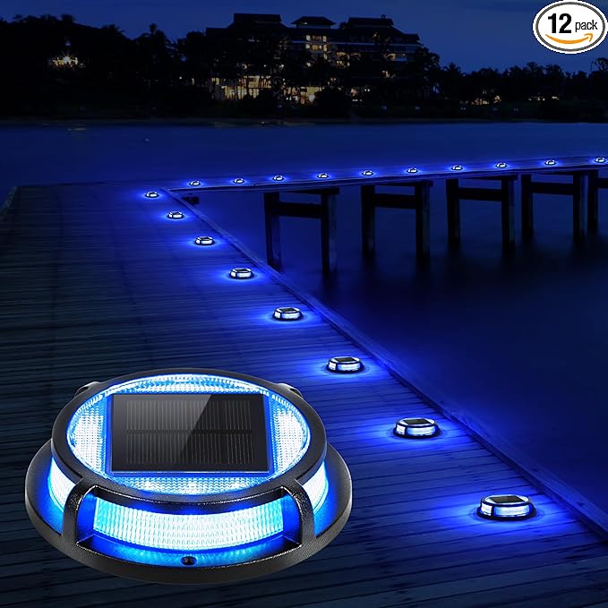 LUTEC 12 Pack Solar Deck Lights Driveway Dock 12 LEDs Light Solar Powered Outdoor Waterproof Road Markers for Step Sidewalk Stair Garden Ground Pathway Yard (Blue)