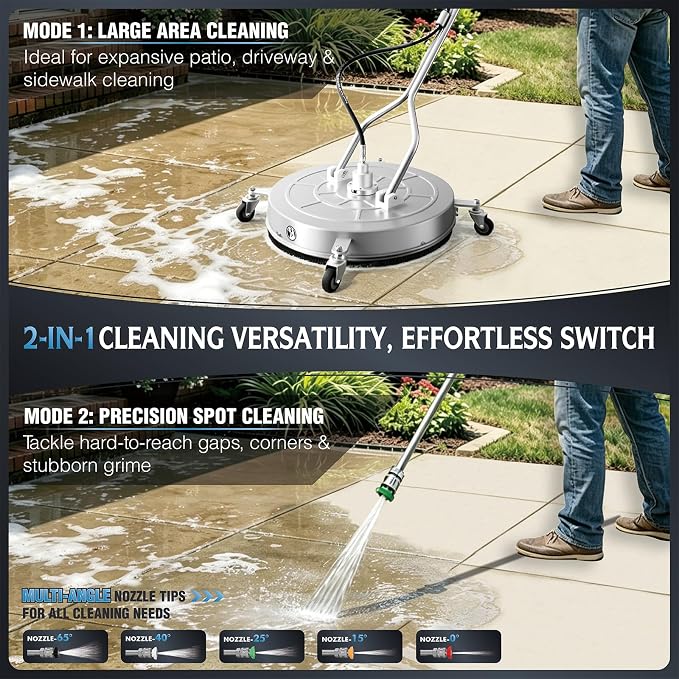 RAYNEL 24'' Pressure Washer Surface Cleaner with 4 Wheels, Dual Handle, Stainless Steel Housing, 2 Hose Adapters, 4 Replacement Nozzles