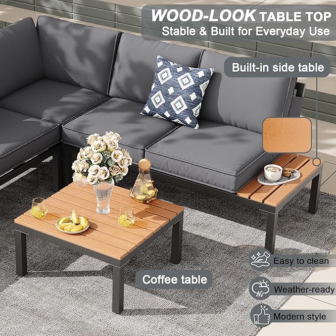 5-Person Outdoor Patio Furniture Set, Durable Metal Frame Outdoor Sectional with Wood-Look Table & Waterproof Cushions, All-Weather Conversation Set for Garden, Balcony, Poolside-Grey