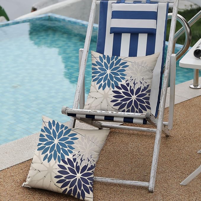 DFXSZ Pack of 2 Outdoor Waterproof Throw Pillow Covers 18x18 Blue White | Polyester Colorful Spring Summer Floral Decorative Cushion Cases(NO INSERT),For Couch Patio Funiture Garden Home Decor