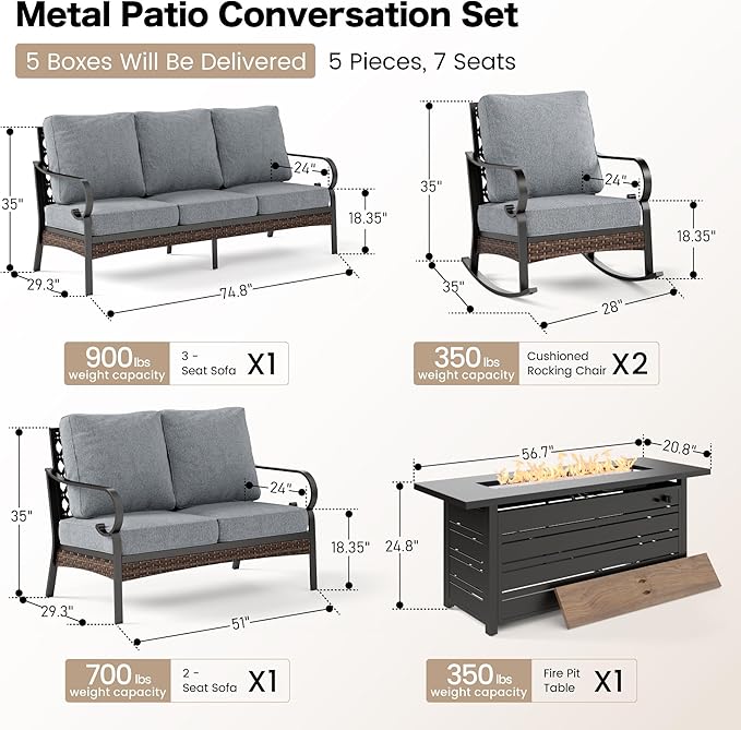 5 Piece Metal Outdoor Patio Furniture Sets with Firepit Table, Patio Conversation Sets 1 3-Seater Sofa, 2-Seater Loveseat, 2 Rocking Chair with 5.75" Cushion for Backyard Deck, Gray