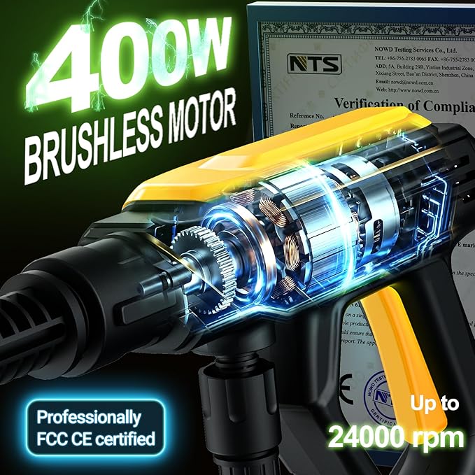 Cordless Washer, 9 Gear Brushless Washer for Car Washing, Patio, Fence, Driveway, Outdoor Cleaning， with 1 Battery, 6 in 1 Nozzle, 6 Meter Hose, Tap Adapter