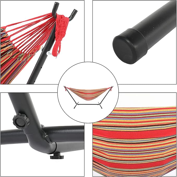 Cotton Hammock with Space Saving Steel Stand,9ft Black Steel Pipe Hammock Frame with 200 * 150cm Polyester Cotton Hammock Iron Hammock Set (Red Stripe B)