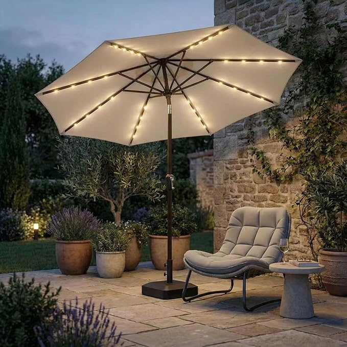 Kingdura 9FT Outdoor Patio Umbrella with Solar Lights, Market Table Umbrella with Push Button Tilt & Crank, 8 Sturdy Ribs, 32 LED Lights, UV Protection for Garden Lawn Deck Backyard Pool (Beige)