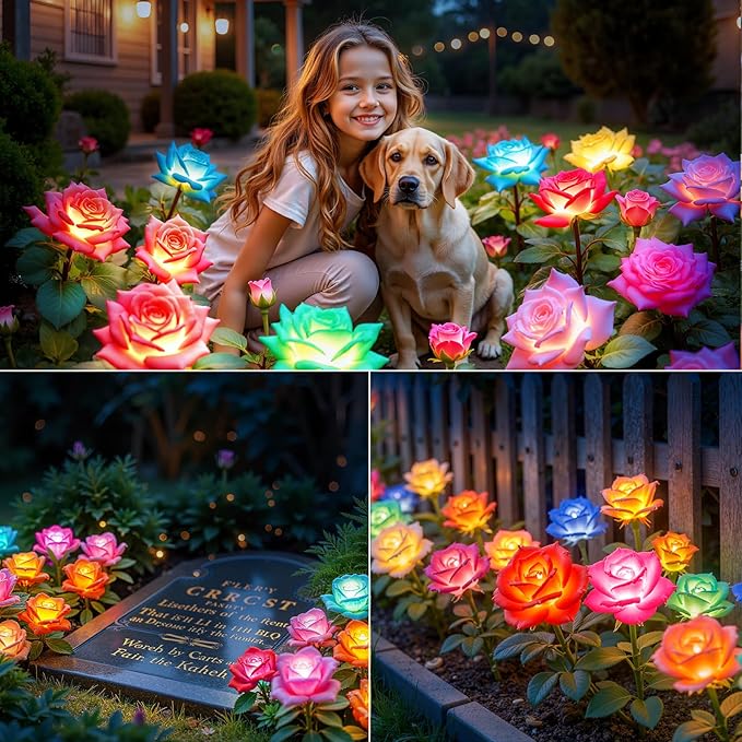 KOOPER 6 Pack Solar Lights Outdoor Garden Decor, 7 Color Changing Solar Flowers Outdoor Waterproof with 30 Bigger & Realistic Rose, Enlarged Size Panel for Patio Yard Garden Cemetery Decoration, Gifts