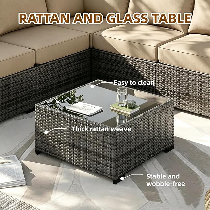 MOCHITO 7 Pcs Outdoor Patio Furniture Sets Grey Rattan Khaki Cushions | All-Weather Sectional Sofa, with Glass Table, PE Rattan Wicker Patio Furniture , Washable Cushions, for Balcony Porch Garden