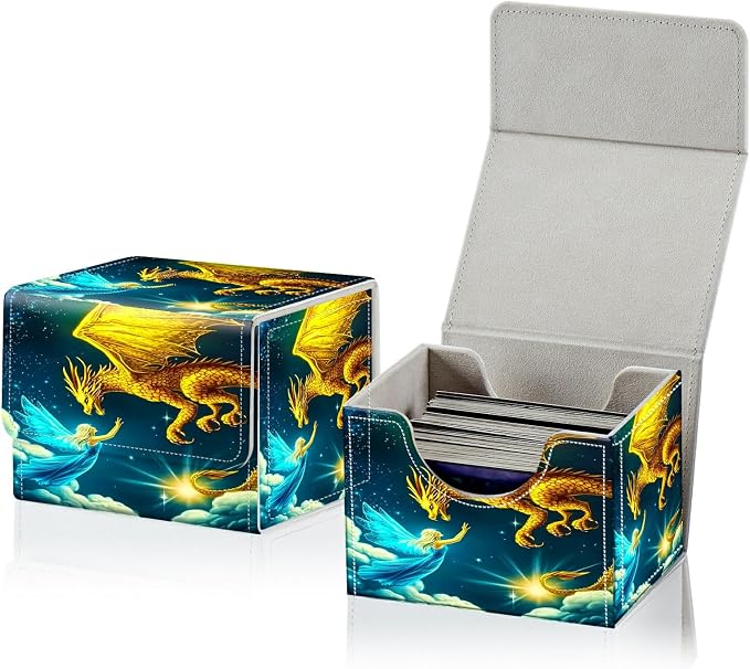 Card Deck Box for MTG, Cards Storage Box Fits 120+ Sleeved, Leather Small Size Strong Magnetic Closing Card Case for Board Games Magic TCG CCG Baseball Collection, Yellow Dragon Girl