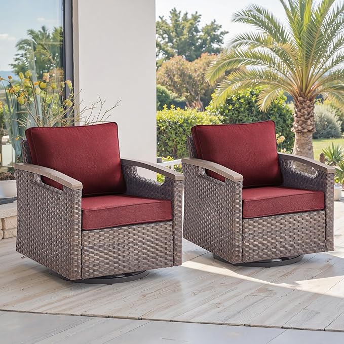 Rilyson Outdoor Patio Swivel Rocking Chairs Set of 2, All Weather Wicker, Metal Armrest, Deep Seating, Thick Comfortable Cushions, Ideal for Deck Porch Backyard, Brown/Red