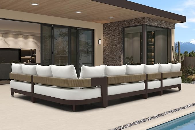 PURPLE LEAF Patio Furniture Set with Right-Arm Double Daybed and Table 10 Pieces Modern Aluminum Sectional Sofa 7.87" Thick Removable Cushions & Pillows Outdoor Conversation Sets for Porch Yard Garden