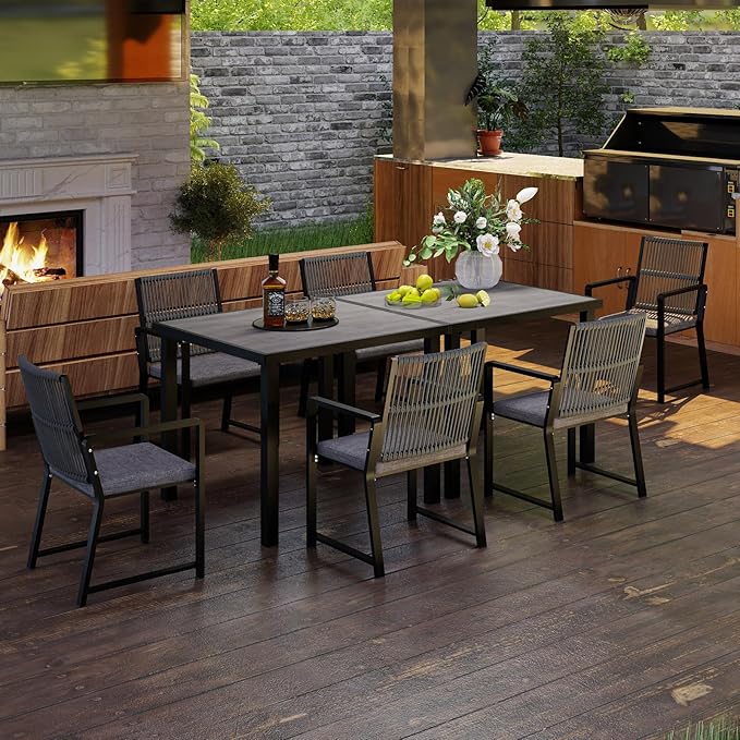 Outdoor Patio Wicker Rattan Dining Chairs, Heavy-Duty Wrought Iron Frame Supports 400lbs, Ergonomic Backrest, Detachable Breathable Cushion, for Garden & Porch, Black, Set of 2
