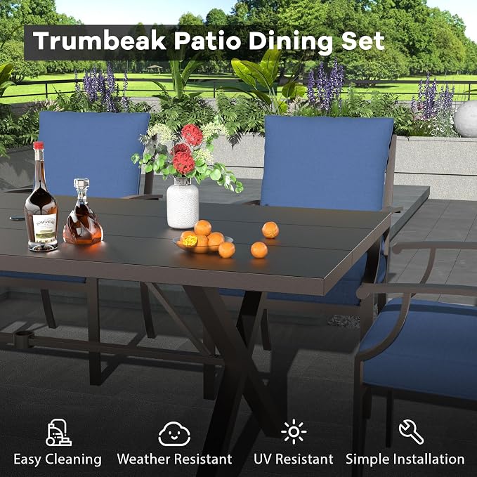 16-Piece Patio Dining Set Outdoor Conversation Set,Metal Outdoor Furniture Set with 2 Umbrella Hole Cut-Out 78.7" x 35.4" Tables and 14 Metal Backrest Chairs for Backyard,Garden,NavyBlue