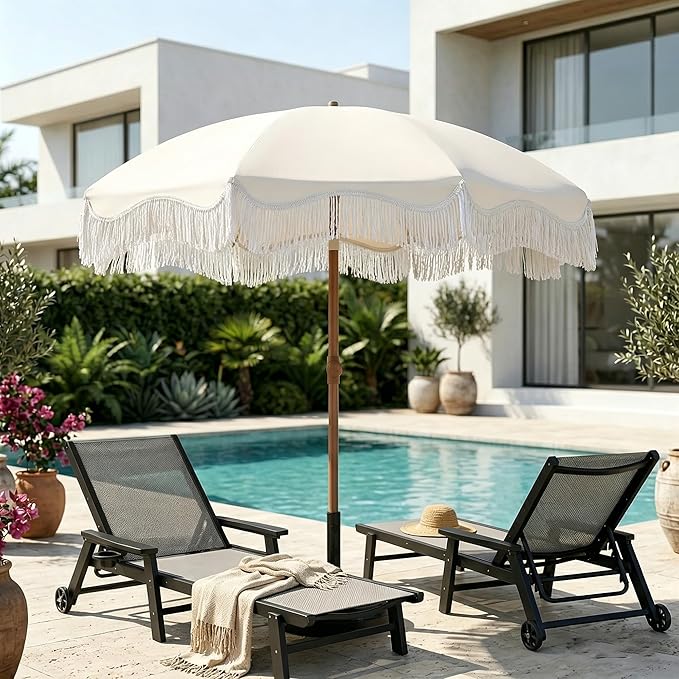 7FT Patio Umbrella with Fringe, Outdoor Tassel Umbrella with Fiberglass Ribs, Boho Beach Umbrella, Push Button Tilt and Carrying Bag, UPF50+