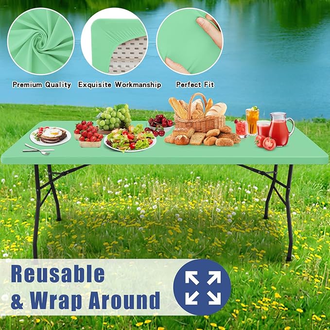 Moosfor Spandex 4 Foot Rectangle Table Cloth 2 Pack, Elastic Fitted Tablecloths for Picnic, Stretch Washable Patio Table Cover for Outdoor, Camping, Banquet and Parties (Bright Green, 30"x48")