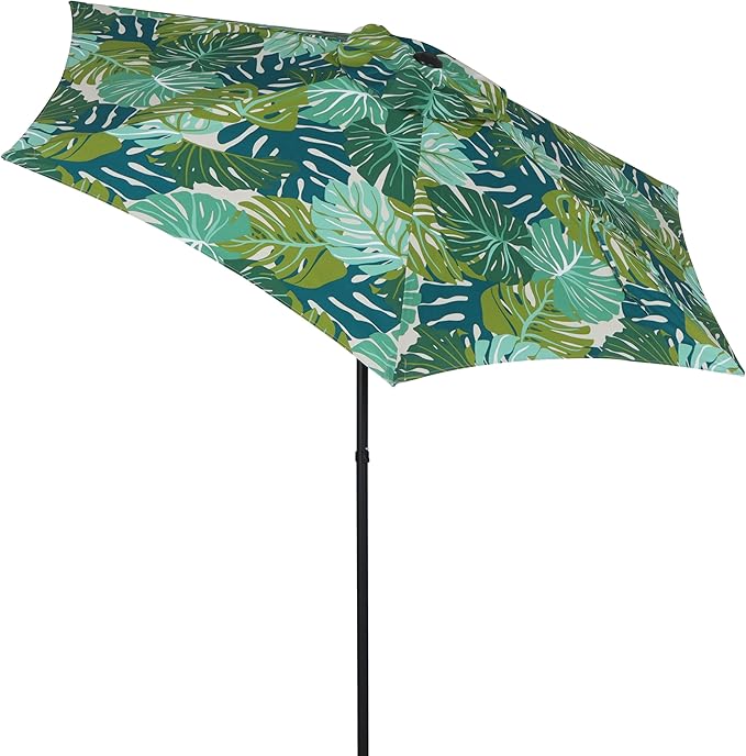 7.5 Foot Round Patio Umbrella with Palm Leaf Pattern, Push-Up Opening Mechanism and 3-Position Angle Tilt, Outdoor Market Umbrella for Garden Deck or Café, Lightweight Portable Sun Shade