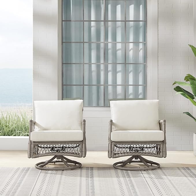 Crosley Furniture Thatcher 2-Piece Swivel Rocker Outdoor Chair Set, Wicker Patio Chairs for Porch, Deck, Driftwood with Creme Cushions