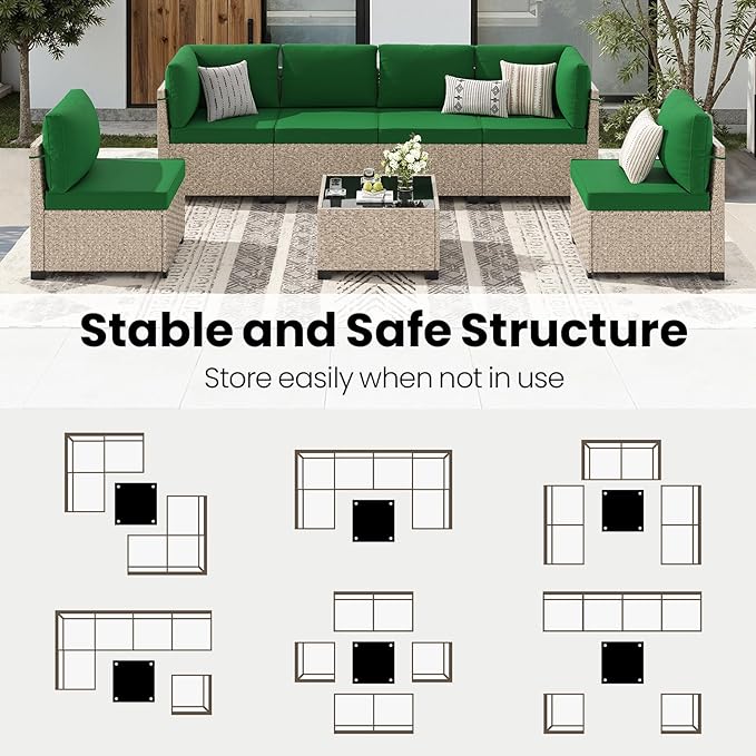 Soohow 7-Piece Patio Furniture Set, Outdoor Sectional All-Weather Wicker Patio Conversation Set for Garden, Porch, Backyard - Green Cushions