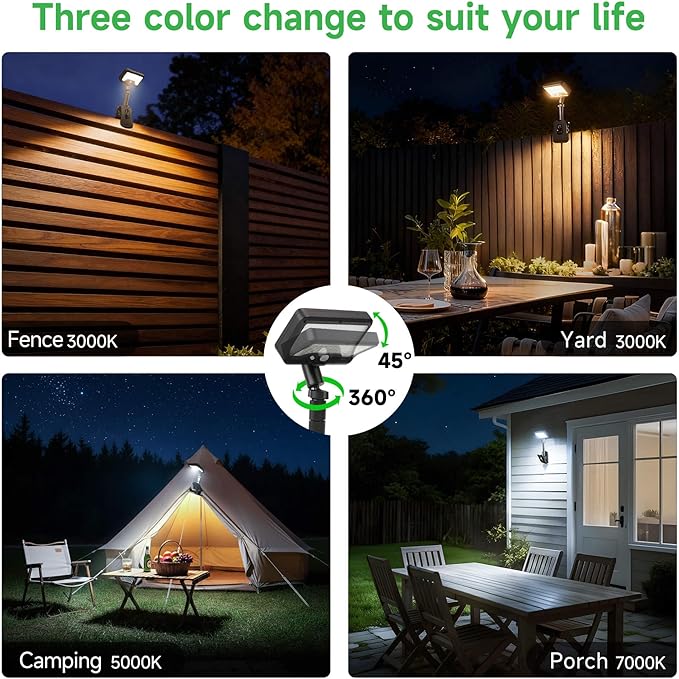 Clip On Solar Motion Lights Outdoor with Remote, 600LM IP65 Waterproof, 1500mAH USB & Solar Powered for Fence, Camping, Porch - Black(1-Pack)