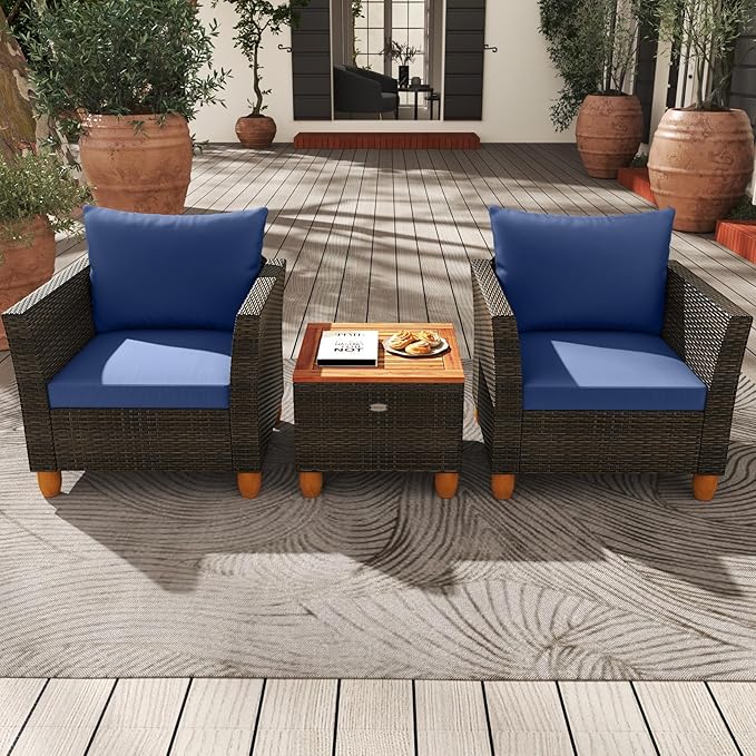 HAPPYGRILL 3-Piece Patio Conversation Furniture Set Outdoor Wicker Sofa Set with Soft Cushions & Coffee Table for Balcony Backyard Porch