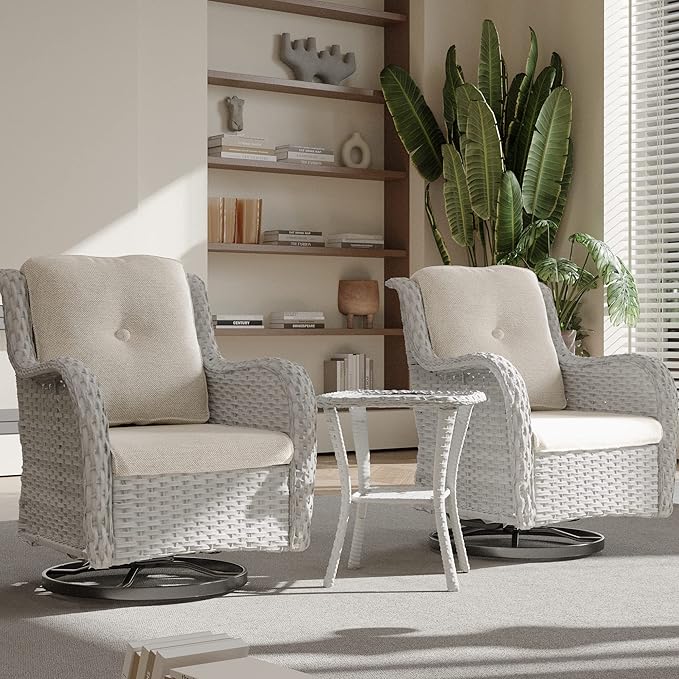 Joyside Outdoor Swivel Rocker Patio Chairs Set of 2 and Matching Side Table - 3 Piece Wicker Patio Bistro Set with Premium & Soft Fabric Cushions(Light Grey/Beige)
