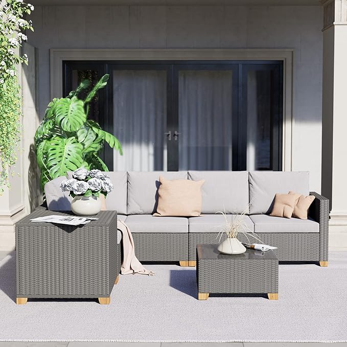 Grand patio Wicker Handrest Box for Multi-Style Patio Furniture Set,Modular Sectional Sofa Set for Backyard Garden Poolside(Storage Box, Light Gray)