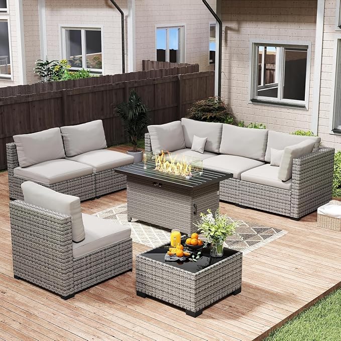 8-Piece Outdoor Wicker Patio Furniture Set with Sectional Rattan Sofa and Coffee Table Thick Cushions for Backyard Lounge(Gray 2)