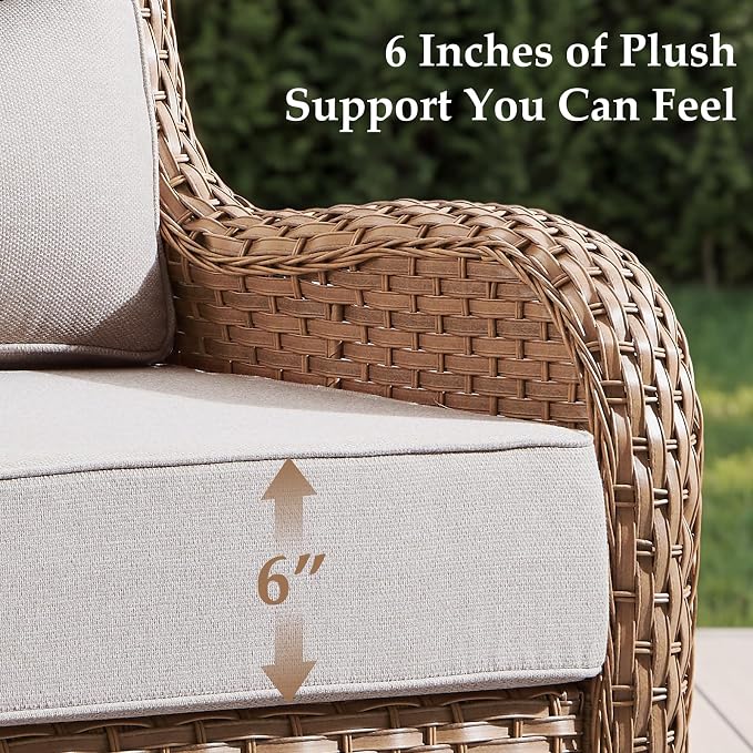 Luxury High Back Patio Furniture Set with 6-Inch Thick Cushions, 7-Pieces Outdoor Furniture with Swivel Chairs, Wicker Conversation Set for Porch, Balcony, Deck and Yard, Yellow/Beige