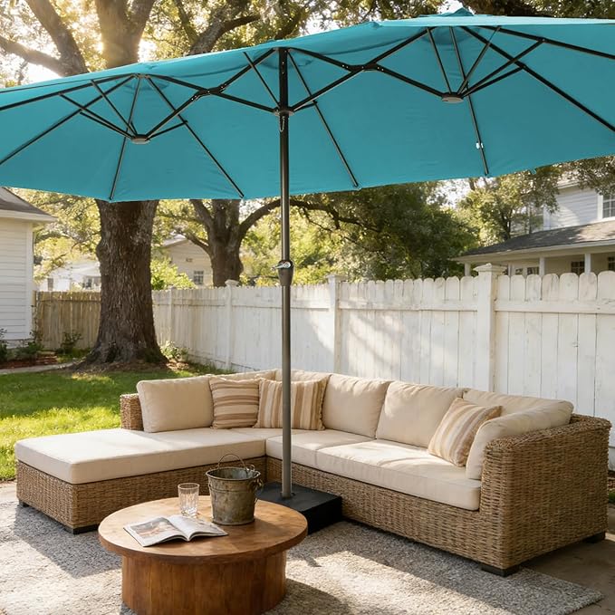 15FT Large Patio Umbrellas with Base Included, Outdoor Double-Sided Rectangle Big Market Umbrella with Stand, Outside Umbrellas for Poolside Lawn Backyard,Light Blue