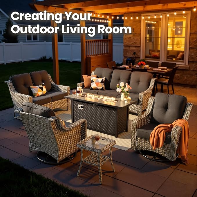 6 Piece Patio Furniture Set with Fire Pit Table, Conversation Sets with High Back Swivel Rocker Chairs, Outdoor Wicker Sofa Loveseat with Comfy Cushion for Backyard Deck Garden, Black