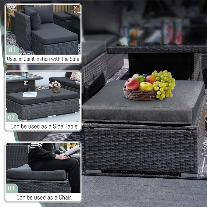 RADIATA 7Pcs Outdoor Patio Furniture Set with Fire Pit, Modern Comfortable Outside Sectional Couch High Back Oversized Wide Deep 6-Seats, Modular All-Weather Heavy Duty Wicker Sofa Set, Dark Grey